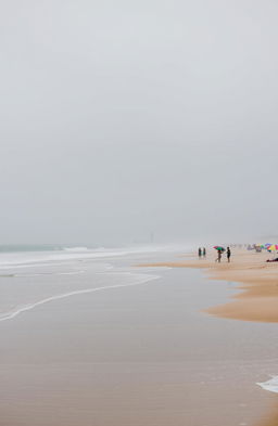 A serene beach scene during a gentle rain