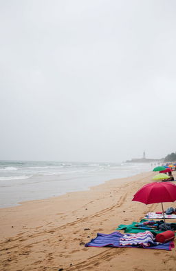 A serene beach scene during a gentle rain