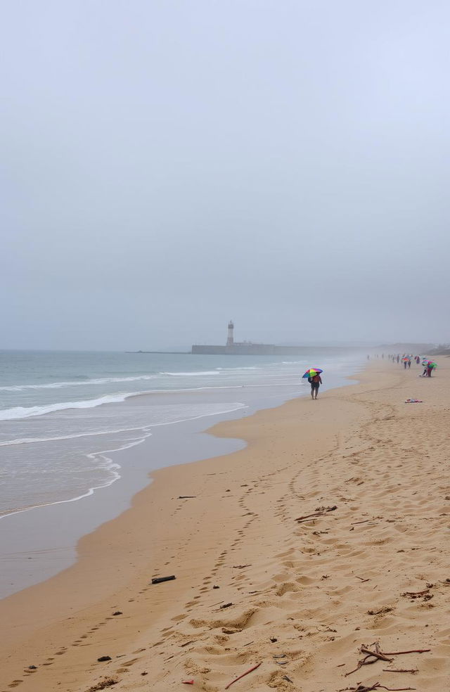 A serene beach scene during a gentle rain