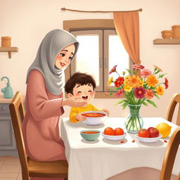 A warm kitchen scene featuring a Muslim mother wearing a soft hijab, lovingly serving a bowl of soup to her cheerful boy child who is sitting at a dining table