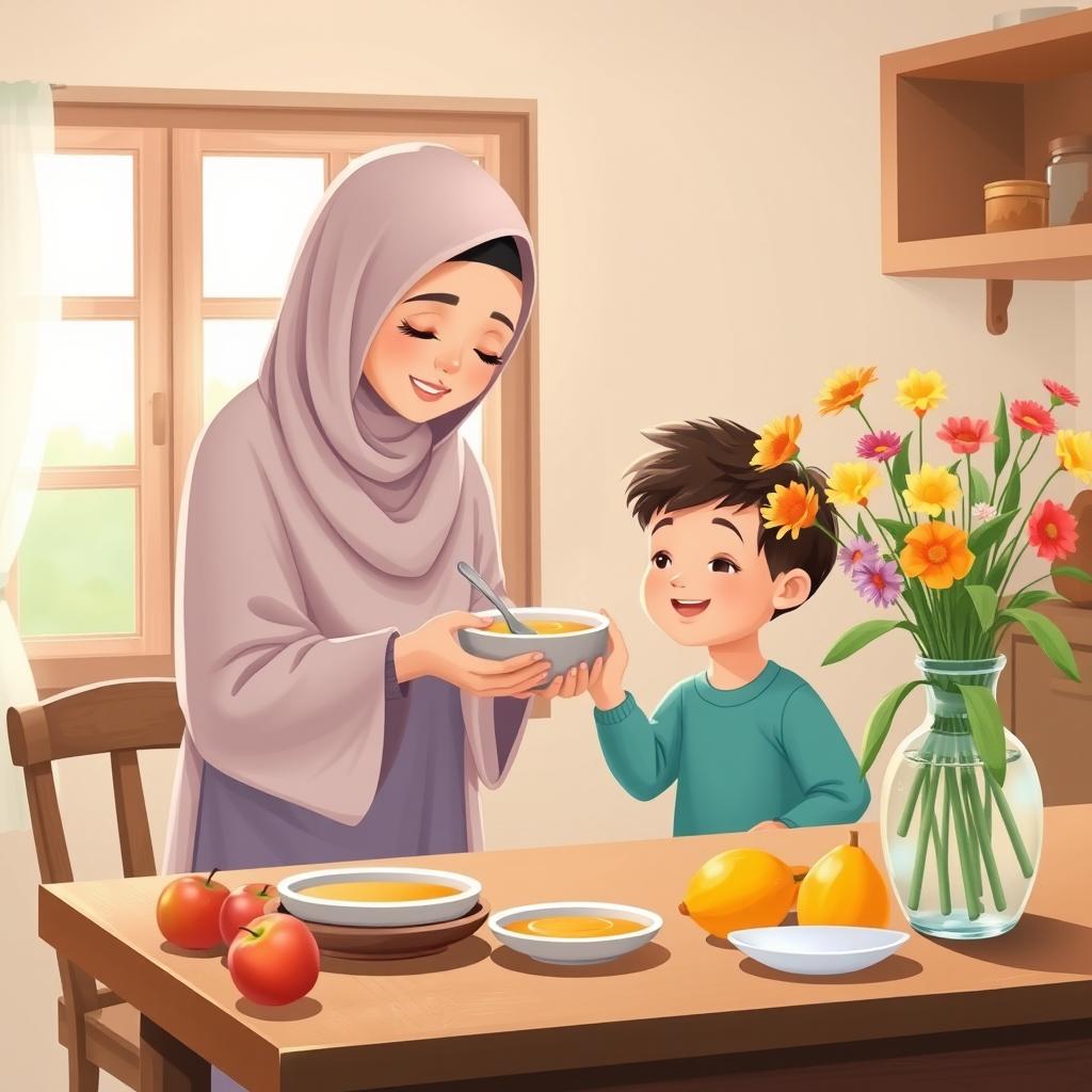 A warm kitchen scene featuring a Muslim mother wearing a soft hijab, lovingly serving a bowl of soup to her cheerful boy child who is sitting at a dining table