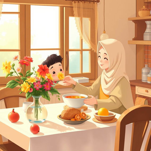 A warm kitchen scene featuring a Muslim mother wearing a soft hijab, lovingly serving a bowl of soup to her cheerful boy child who is sitting at a dining table