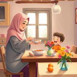 A warm kitchen scene featuring a Muslim mother wearing a soft hijab, lovingly serving a bowl of soup to her cheerful boy child who is sitting at a dining table