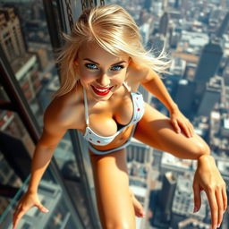 A beautiful blonde girl wearing a tiny bikini, featuring mesmerizing blue eyes and luscious red lips, falling off a skyscraper