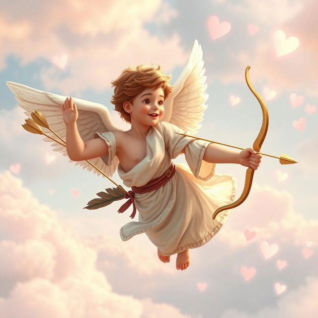 A charming and whimsical scene featuring a young man depicted as Cupid, the Roman god of love