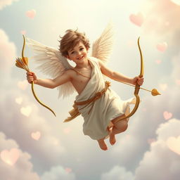 A charming and whimsical scene featuring a young man depicted as Cupid, the Roman god of love