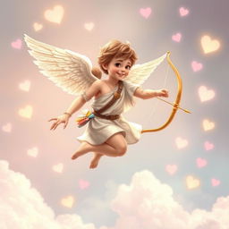 A charming and whimsical scene featuring a young man depicted as Cupid, the Roman god of love