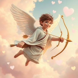 A charming and whimsical scene featuring a young man depicted as Cupid, the Roman god of love