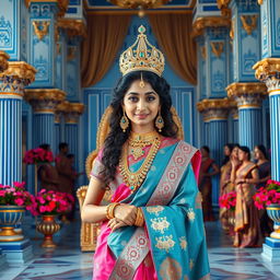 A high-resolution, medium shot framed from the waist up of a very cute, beautiful, and regal Indian goddess aged 40, showcasing a clear, sharp face with striking blue eyes