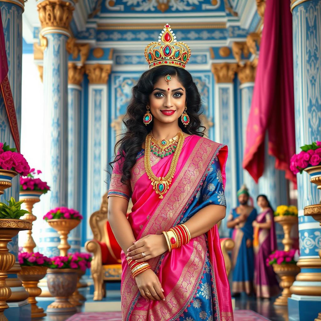 A high-resolution, medium shot framed from the waist up of a very cute, beautiful, and regal Indian goddess aged 40, showcasing a clear, sharp face with striking blue eyes