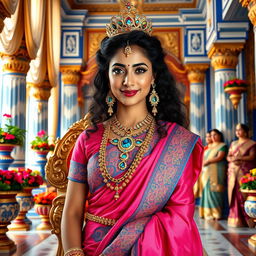 A high-resolution, medium shot framed from the waist up of a very cute, beautiful, and regal Indian goddess aged 40, showcasing a clear, sharp face with striking blue eyes