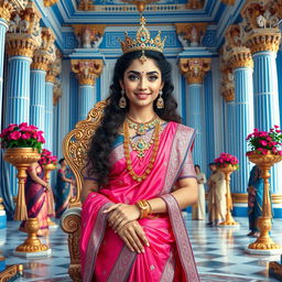 A high-resolution, medium shot framed from the waist up of a very cute, beautiful, and regal Indian goddess aged 40, showcasing a clear, sharp face with striking blue eyes