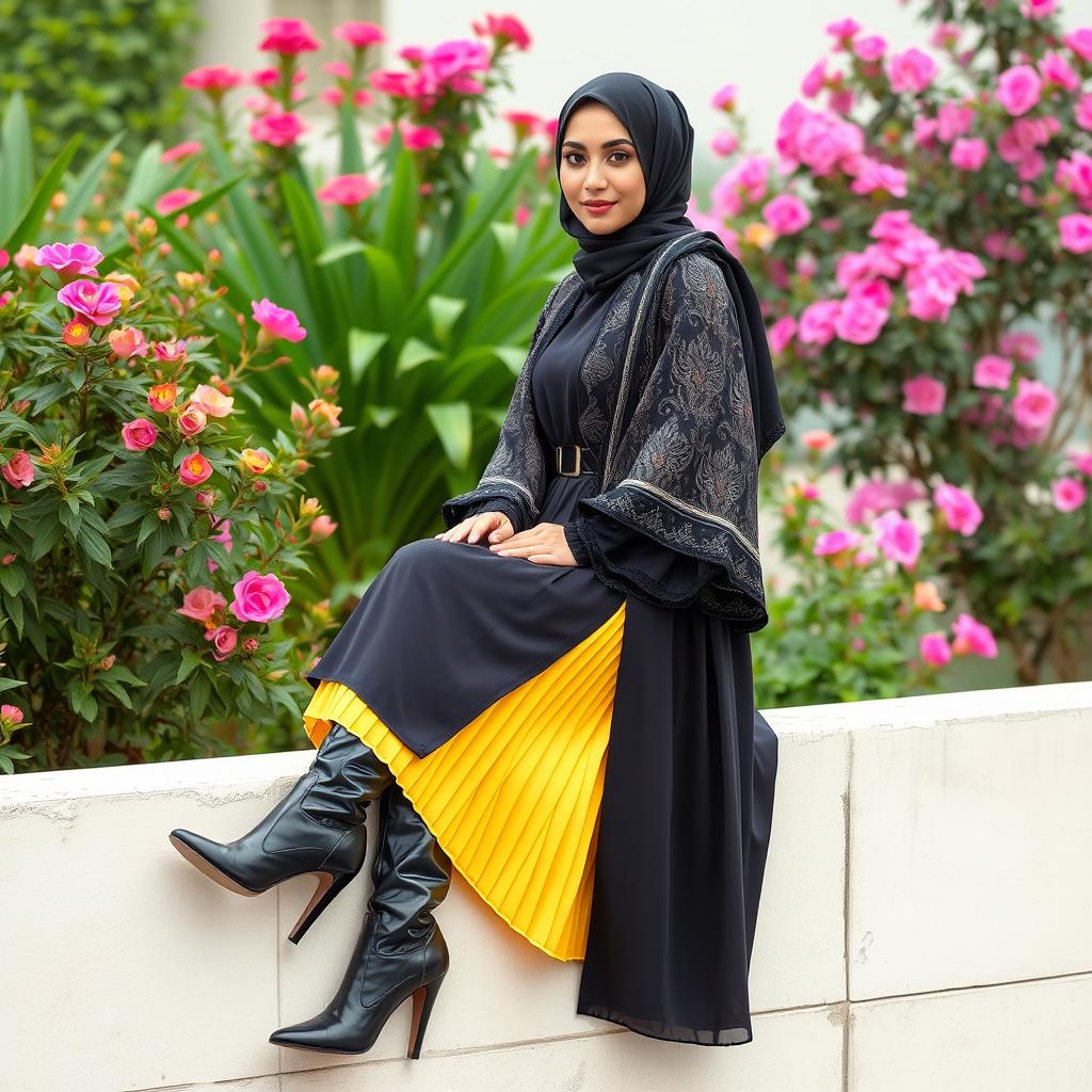 An Iranian woman is gracefully seated on the edge of a wall, leaning gently against a backdrop of vibrant plants and blooming flowers