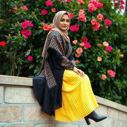 An Iranian woman is gracefully seated on the edge of a wall, leaning gently against a backdrop of vibrant plants and blooming flowers