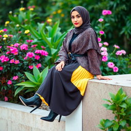 An Iranian woman is gracefully seated on the edge of a wall, leaning gently against a backdrop of vibrant plants and blooming flowers
