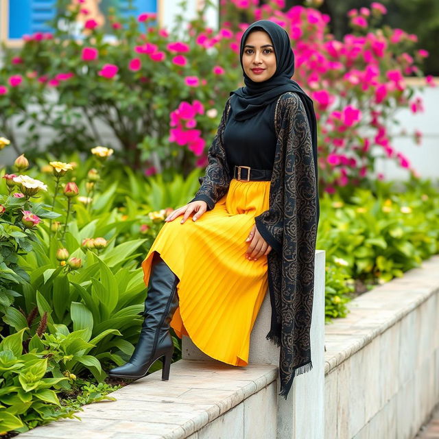 An Iranian woman is gracefully seated on the edge of a wall, leaning gently against a backdrop of vibrant plants and blooming flowers