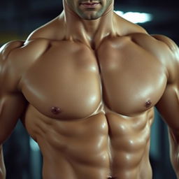 A close-up, muscular male torso showcasing well-defined six-pack abs