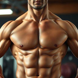 A close-up, muscular male torso showcasing well-defined six-pack abs