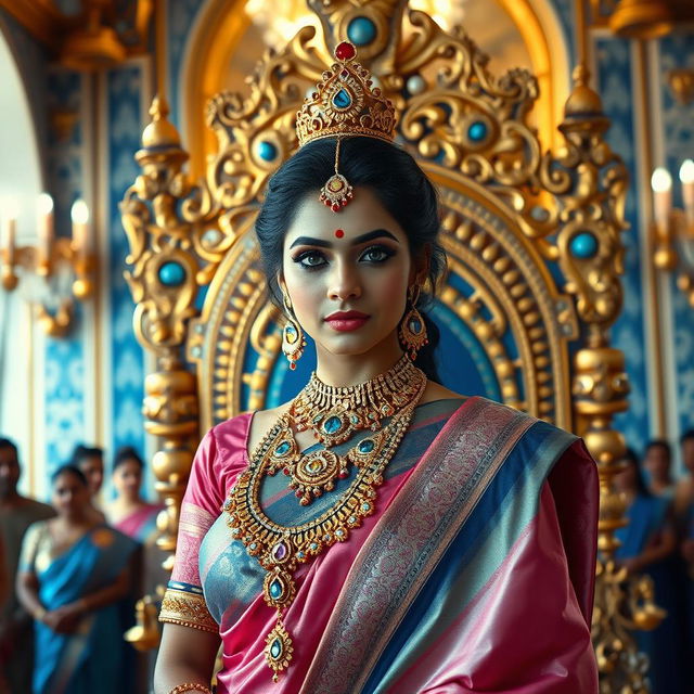 A medium shot of a stunning 40-year-old Indian goddess with captivating blue eyes, adorned in intricate, ornate gold jewelry, elegantly draped in a beautiful pink and blue silk saree