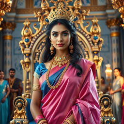 A medium shot of a stunning 40-year-old Indian goddess with captivating blue eyes, adorned in intricate, ornate gold jewelry, elegantly draped in a beautiful pink and blue silk saree
