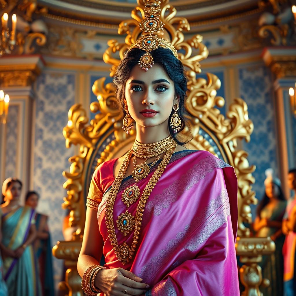 A medium shot of a stunning 40-year-old Indian goddess with captivating blue eyes, adorned in intricate, ornate gold jewelry, elegantly draped in a beautiful pink and blue silk saree