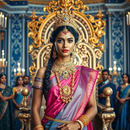 A medium shot of a stunning 40-year-old Indian goddess with captivating blue eyes, adorned in intricate, ornate gold jewelry, elegantly draped in a beautiful pink and blue silk saree