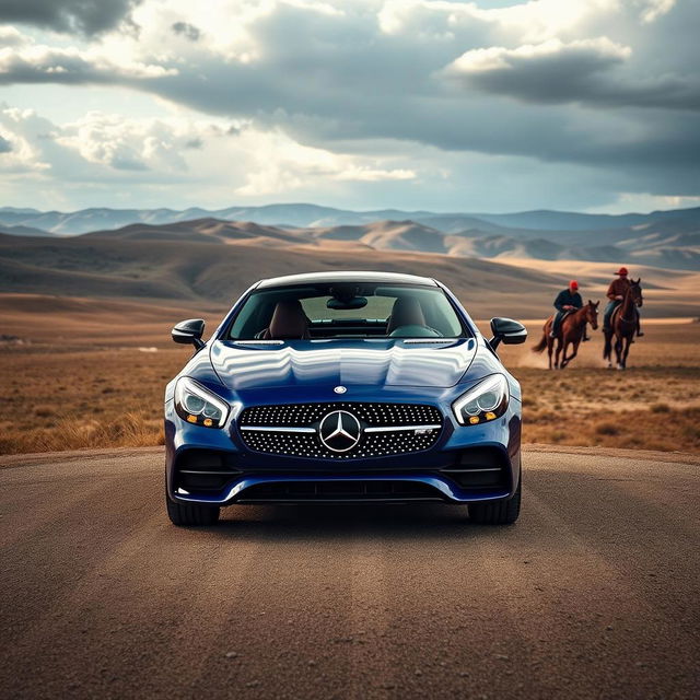 A sleek and luxurious Mercedes Benz S-Class car prominently displayed on a winding road