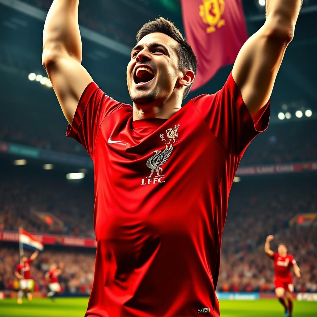 A high-energy image showcasing a man wearing a vibrant Liverpool FC shirt, celebrating a goal in a dramatic football match