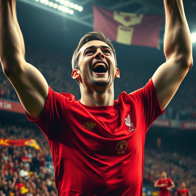 A high-energy image showcasing a man wearing a vibrant Liverpool FC shirt, celebrating a goal in a dramatic football match