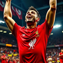 A high-energy image showcasing a man wearing a vibrant Liverpool FC shirt, celebrating a goal in a dramatic football match