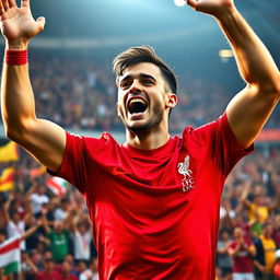 A high-energy image showcasing a man wearing a vibrant Liverpool FC shirt, celebrating a goal in a dramatic football match