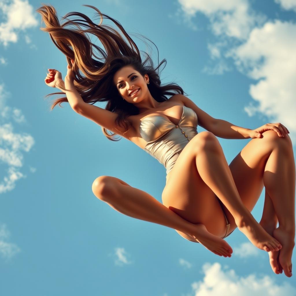 A sexy woman with long flowing hair, dressed in a chic, form-fitting outfit, is gracefully falling from the sky