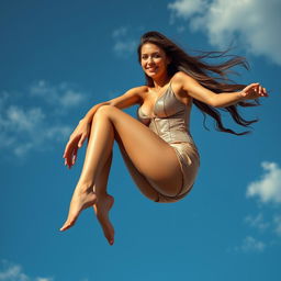 A sexy woman with long flowing hair, dressed in a chic, form-fitting outfit, is gracefully falling from the sky