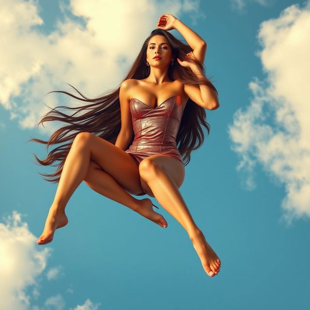 A sexy woman with long flowing hair, dressed in a chic, form-fitting outfit, is gracefully falling from the sky