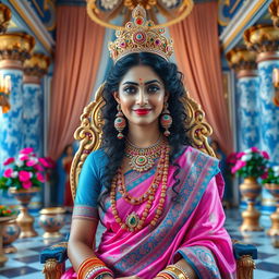 A medium shot of a stunning 40-year-old Indian goddess with striking blue eyes and long curly hair, adorned with big colorful moti earrings and a thick colorful moti necklace