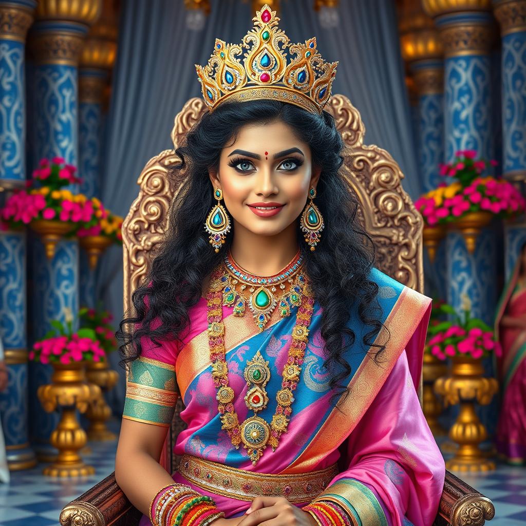 A medium shot of a stunning 40-year-old Indian goddess with striking blue eyes and long curly hair, adorned with big colorful moti earrings and a thick colorful moti necklace