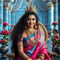 A medium shot of a stunning 40-year-old Indian goddess with striking blue eyes and long curly hair, adorned with big colorful moti earrings and a thick colorful moti necklace