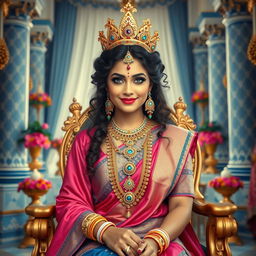 A medium shot of a stunning 40-year-old Indian goddess with striking blue eyes and long curly hair, adorned with big colorful moti earrings and a thick colorful moti necklace