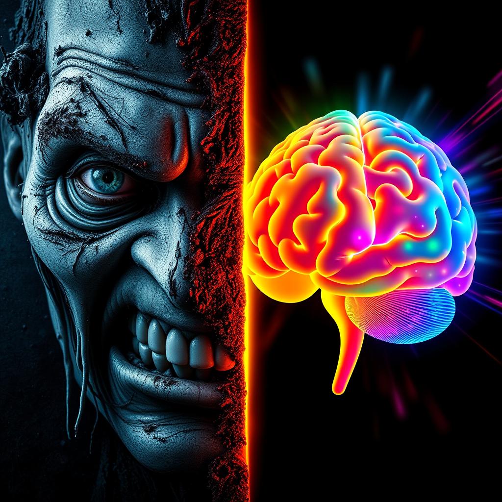 A split image showcasing two contrasting faces: on the left side, a dirty, disgusting, and repulsive face with exaggerated features such as grime, decay, and unsettling expressions; on the right side, a healthy, vibrant, and beautiful brain depicted in vivid colors with a glowing aura, symbolizing health and vitality