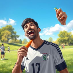 A realistic depiction of a male football player, resembling Mehdi Taremi, joyfully eating a carrot