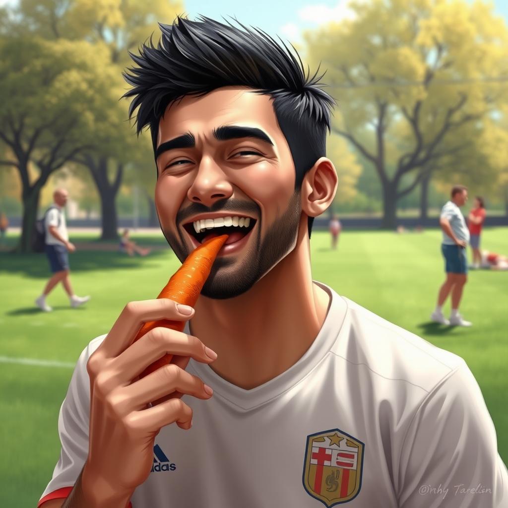 A realistic depiction of a male football player, resembling Mehdi Taremi, joyfully eating a carrot