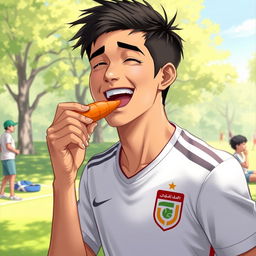 A realistic depiction of a male football player, resembling Mehdi Taremi, joyfully eating a carrot