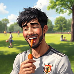 A realistic depiction of a male football player, resembling Mehdi Taremi, joyfully eating a carrot