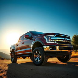 A powerful and rugged pickup truck parked on a dirt road, surrounded by a breathtaking landscape of rolling hills and a blue sky