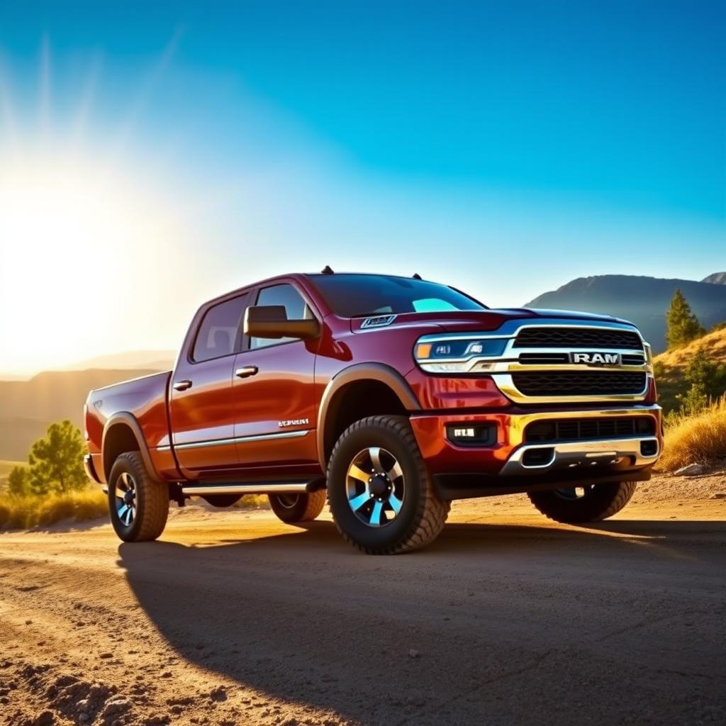 A powerful and rugged pickup truck parked on a dirt road, surrounded by a breathtaking landscape of rolling hills and a blue sky