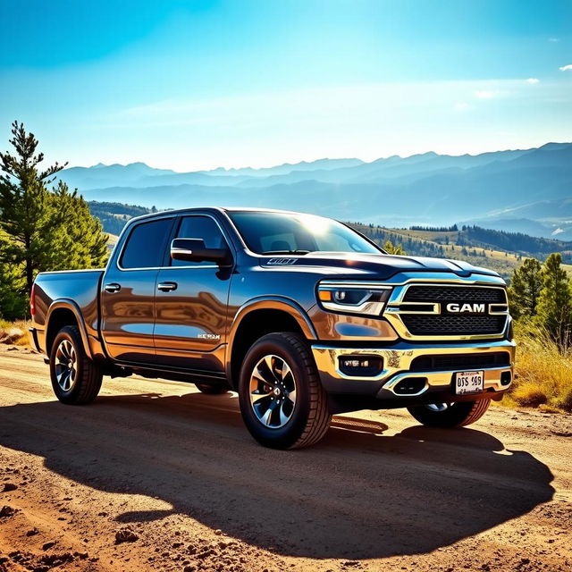 A powerful and rugged pickup truck parked on a dirt road, surrounded by a breathtaking landscape of rolling hills and a blue sky