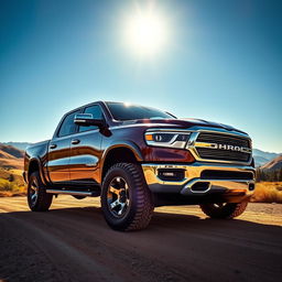 A powerful and rugged pickup truck parked on a dirt road, surrounded by a breathtaking landscape of rolling hills and a blue sky