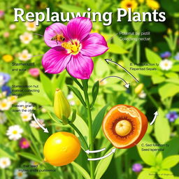 An educational illustration depicting the reproduction process in flowering plants, showcasing key elements such as a vibrant flower with labeled parts including the stamen, pistil, petals, and sepals