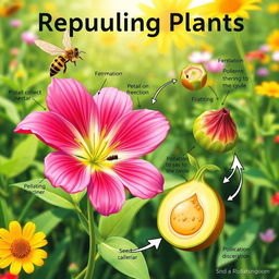 An educational illustration depicting the reproduction process in flowering plants, showcasing key elements such as a vibrant flower with labeled parts including the stamen, pistil, petals, and sepals