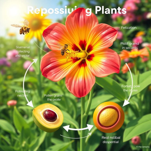 An educational illustration depicting the reproduction process in flowering plants, showcasing key elements such as a vibrant flower with labeled parts including the stamen, pistil, petals, and sepals